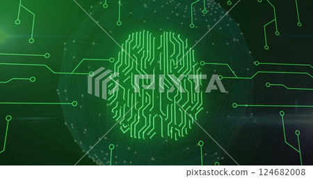 Image of biometric brain, digital data processing over circuit board 124682008