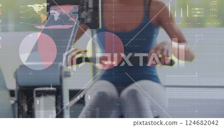 Image of financial data processing over caucasian woman exercising at gym 124682042