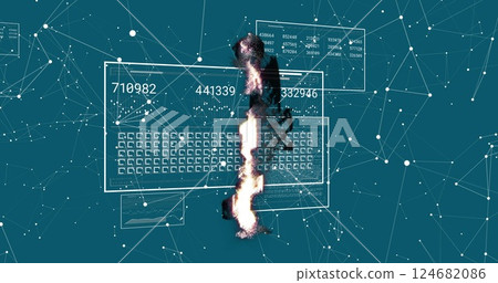 Image of network of connections over data processing and pound symbol 124682086