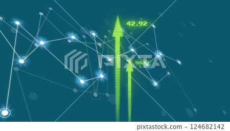 Network of connections and data processing image over green upward arrows Network of connections and data processing image over green upward arrows 124682142