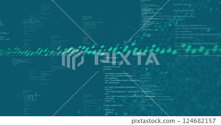Computer code and binary data processing image over teal background 124682157