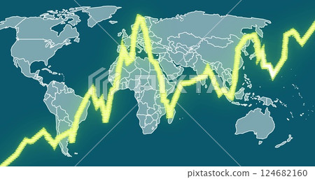 Fluctuating financial graph over world map image Fluctuating financial graph over world map image 124682160