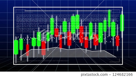 Candlestick chart and financial data analysis image over grid background Candlestick chart and financial data analysis image over grid background 124682166
