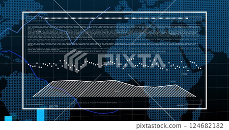Financial data and analytics image over digital map of world Financial data and analytics image over digital map of world 124682182