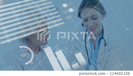 Image of data processing and diagrams over caucasian female doctor using tablet with her patient 124682188