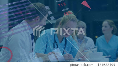 Image of data processing and diagrams over caucasian doctors using tablet 124682195