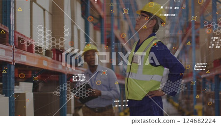 Image of data processing over diverse people working in warehouse 124682224