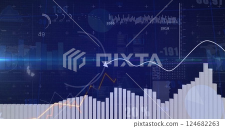 Financial data charts and graphs image over blue background with various metrics Financial data charts and graphs image over blue background with various metrics 124682263