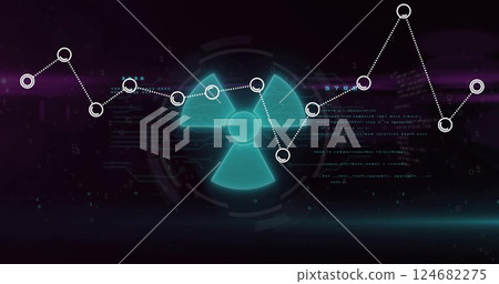 Radiation symbol with connected nodes and data points, scientific data analysis image 124682275