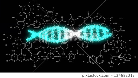 DNA strand image over chemical structures and molecular formulas DNA strand image over chemical structures and molecular formulas 124682312