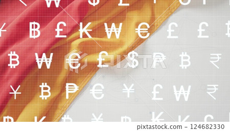 Currency symbols image over red and yellow fabric background Currency symbols image over red and yellow fabric background 124682330