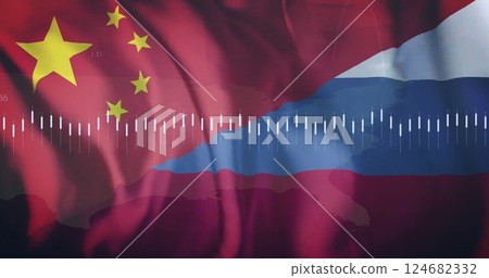 Financial data analysis image over Chinese and Russian flags 124682332