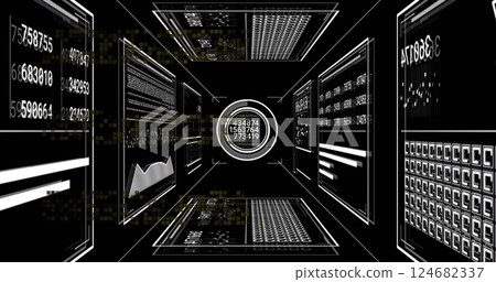 Image of data processing and diagrams on black background 124682337