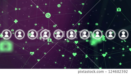 Silhouettes of people icons connected over pink neon grid image 124682392