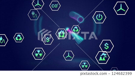 Sustainable energy and recycling icons image over dark blue background 124682399