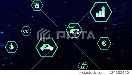 Hexagonal icons representing various technologies and metrics, futuristic image 124682400