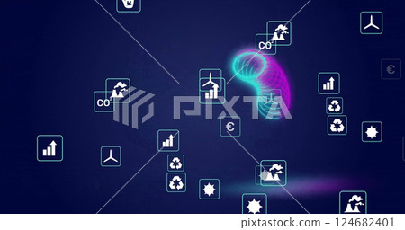 Environmental icons and data processing image over dark blue background 124682401