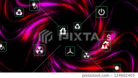 Energy and sustainability icons image over swirling red and purple background 124682403