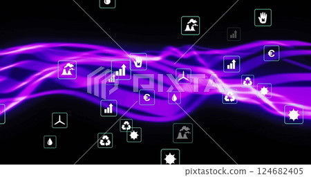 Financial and environmental data icons image over purple wave background Financial and environmental data icons image over purple wave background 124682405