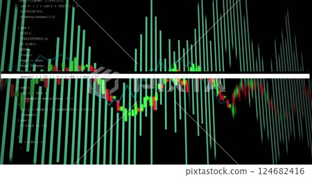 Stock market data analysis image over fluctuating candlestick chart 124682416