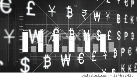 Currency symbols and financial data image over stock market graph 124682423
