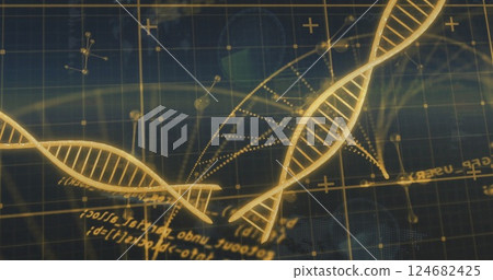 DNA strands and mathematical equations image over scientific grid background 124682425