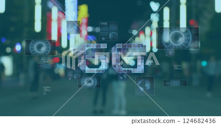 6G technology image over people walking in illuminated city street at night 124682436