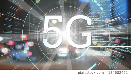 5G technology image over blurred city lights and data streams 124682451