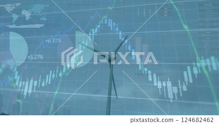 Wind turbine with financial data and stock market image over blue background 124682462