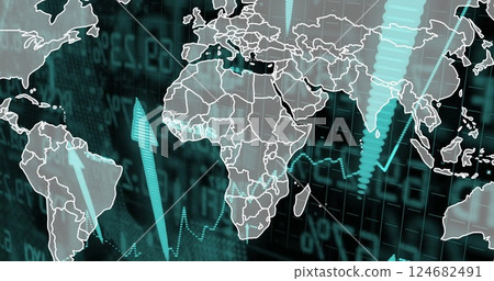 Image of world map over arrows and data processing on black background 124682491