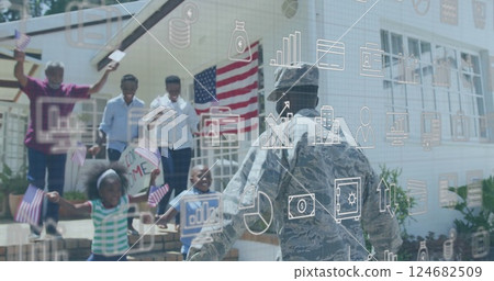 Image of business icons over african american male soldier being greeted by family 124682509