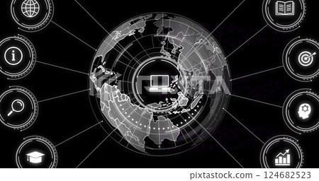 Image of network of connections with icons over globe on black background 124682523