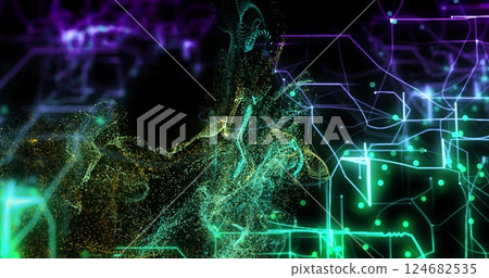 Image of digital data processing over glowing mesh of connections Image of digital data processing over glowing mesh of connections 124682535