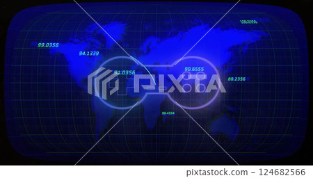 Game controller and coordinates image over world map with blue grid Game controller and coordinates image over world map with blue grid 124682566