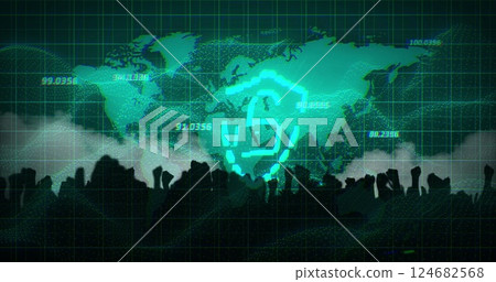 Cybersecurity shield image over world map and crowd of people 124682568
