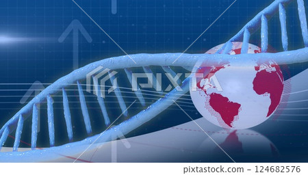 DNA strand and global data analysis image over blue grid background 124682576