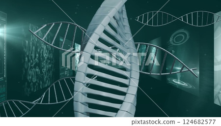 DNA strand and scientific data processing image over digital screens 124682577