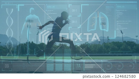 Medical data and human body analysis image over outdoor sports field Medical data and human body analysis image over outdoor sports field 124682580