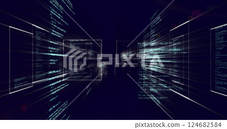Digital code and data processing image over glowing red light 124682584