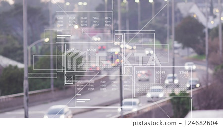 Traffic data processing image over busy highway with moving vehicles Traffic data processing image over busy highway with moving vehicles 124682604