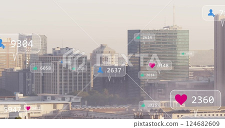 Social media notifications image over cityscape with tall buildings 124682609