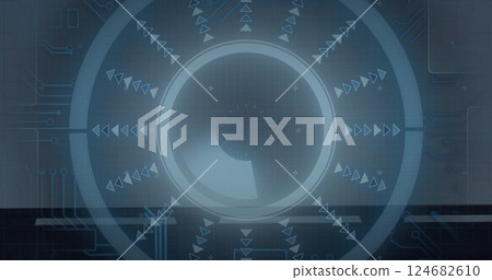 Rotating circular interface with arrows and symbols, futuristic technology image Rotating circular interface with arrows and symbols, futuristic technology image 124682610