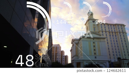 Stock limit data image over cityscape with tall buildings at sunset Stock limit data image over cityscape with tall buildings at sunset 124682611