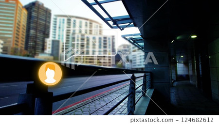Cityscape with buildings and chat bubble image over urban street scene Cityscape with buildings and chat bubble image over urban street scene 124682612