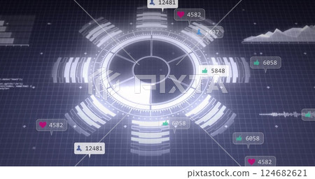 Social media engagement metrics image over futuristic circular interface 124682621