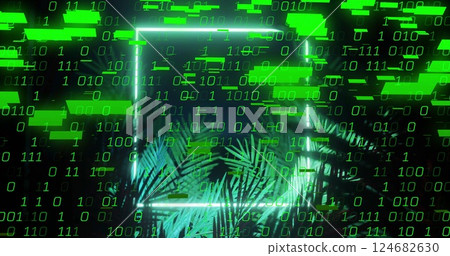 Binary code and green digital elements over tropical plants in image 124682630