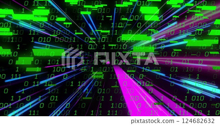 Binary code and data stream image over colorful light streaks Binary code and data stream image over colorful light streaks 124682632