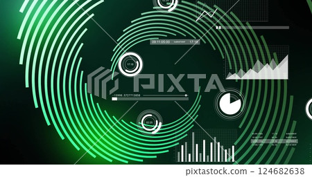 Green circular patterns and data charts, futuristic image of data processing Green circular patterns and data charts, futuristic image of data processing 124682638