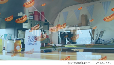 Hot dogs image over food truck interior with QR code and kitchen supplies 124682639