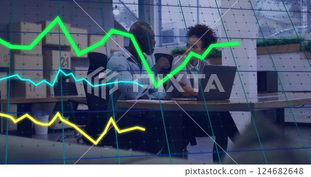 Financial data graph image over business people working in modern office 124682648